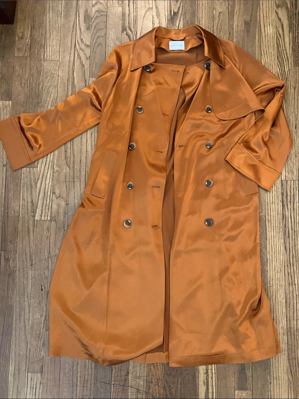Satin Double-Breasted Trench Coat - Bright Rust Orange